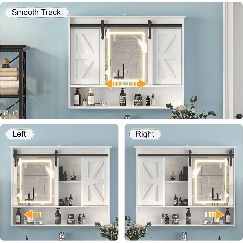 バスルーム用のスライド式納屋ドア付き照明付きミラー薬箱、3色LEDメモリ照明