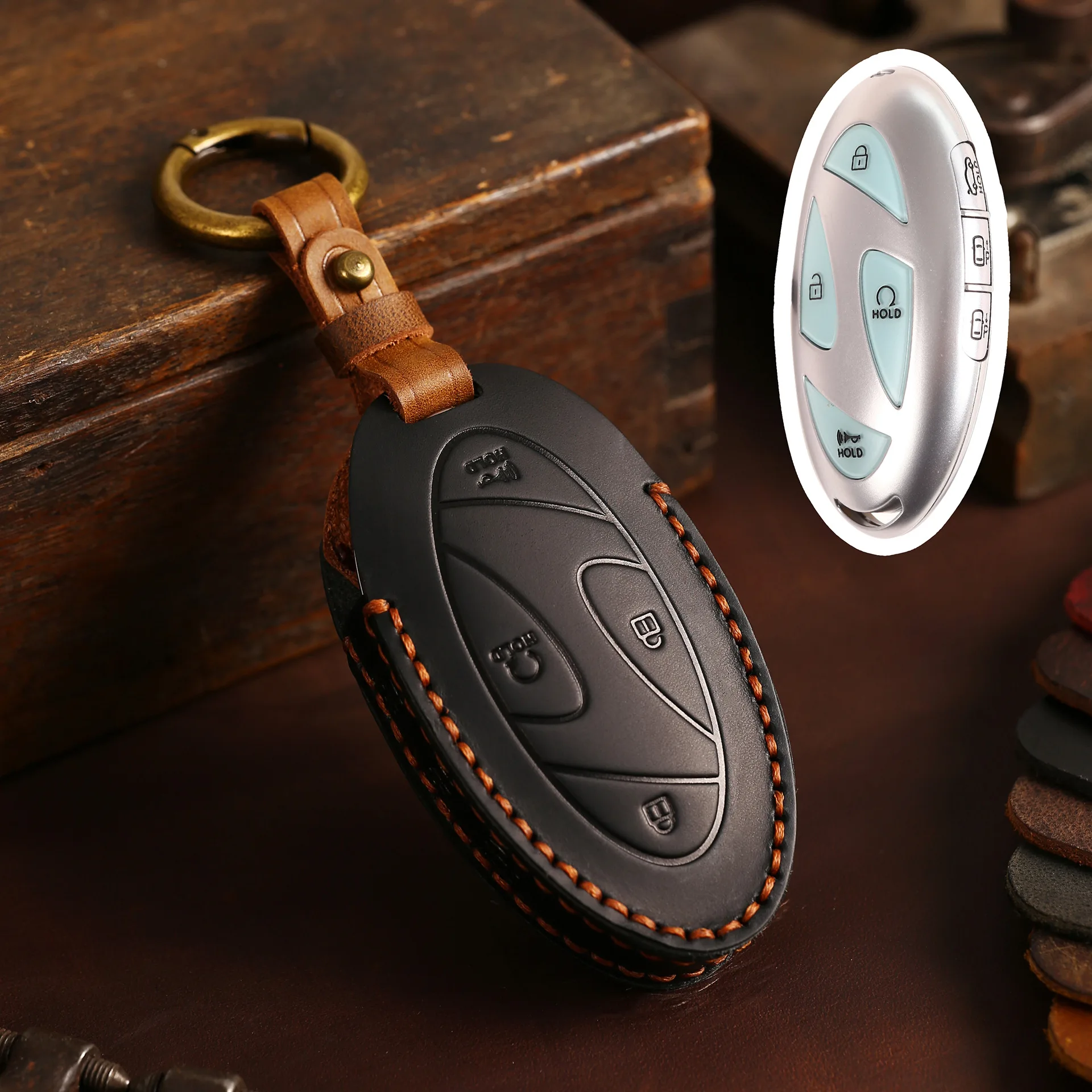 Leather Car Fob Key Case Protector Cover Holder Keychain Accessories for Hyundai Grandeur GN7 2023 Kona Ev 2023 Smart Romote