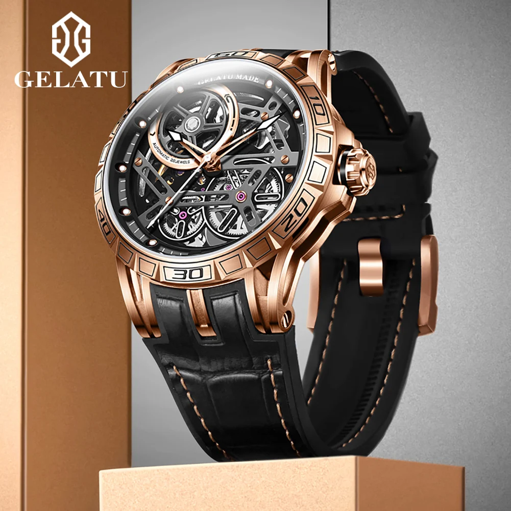 

GELATU 6015 Men Watch Rubber Leather Strap Skeleton Fashion Watches Automatic Mechanical Men's Watch