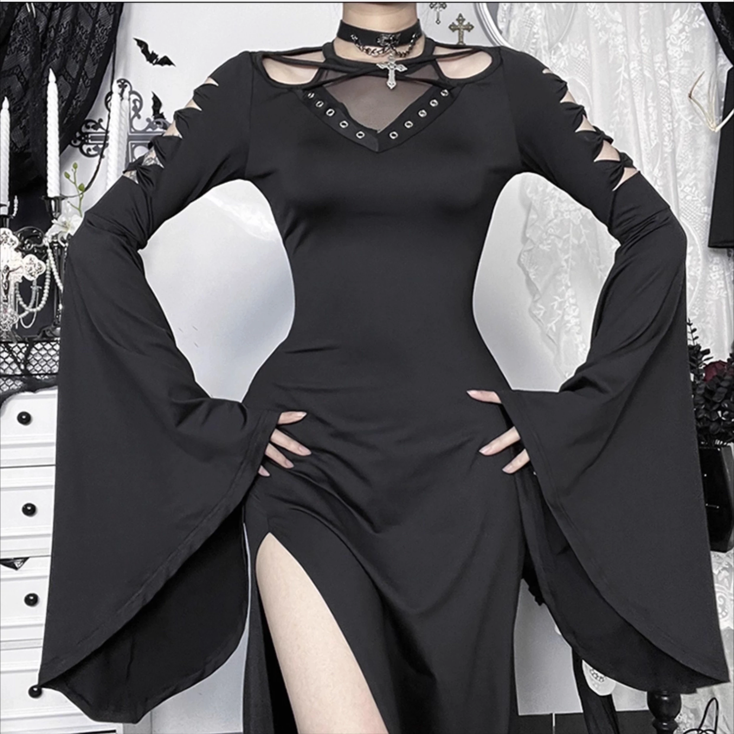 Americano retro escuro gótico traje de halloween subcultura oco alargamento manga cintura alta bodycon fenda preto longo sexy vestido feminino
