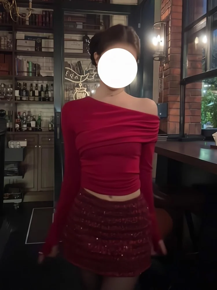 

Красная короткая юбка-труба с пайетками и высокой талией, прямого кроя, для женщин, осенняя, маленький размер, облегающая, в стиле Bodycon