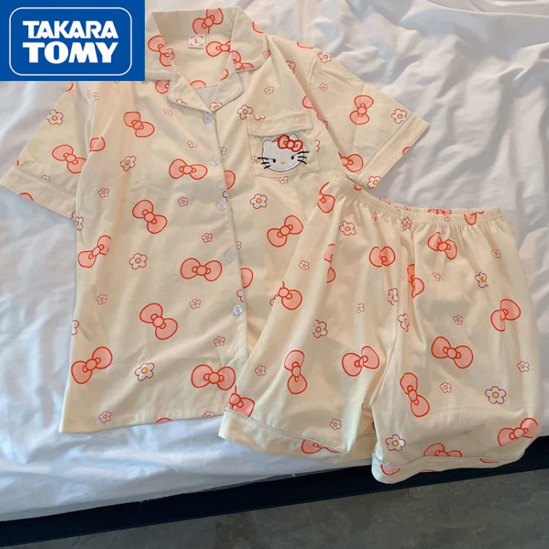

TAKARA TOMY Female Summer Hello Kitty New Cotton Loose Breathable Sweet Cartoon Two-piece Pajamas Casual Home Clothes