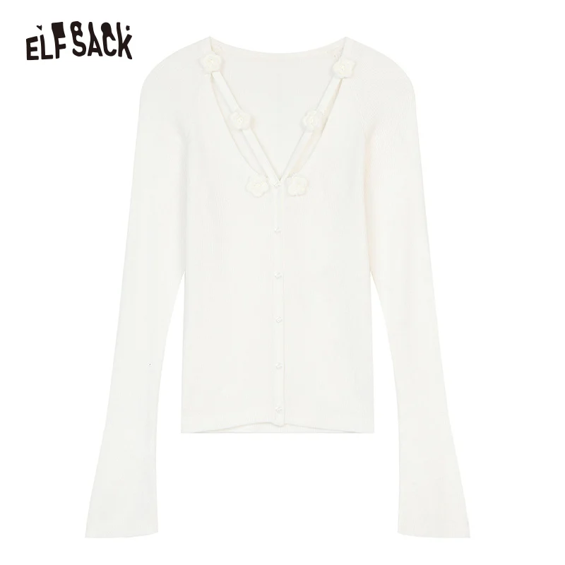 ELFSACK 2024 Winter New Arrivals Sweet White V-Neck Flowers Knitted Cardigan for Women