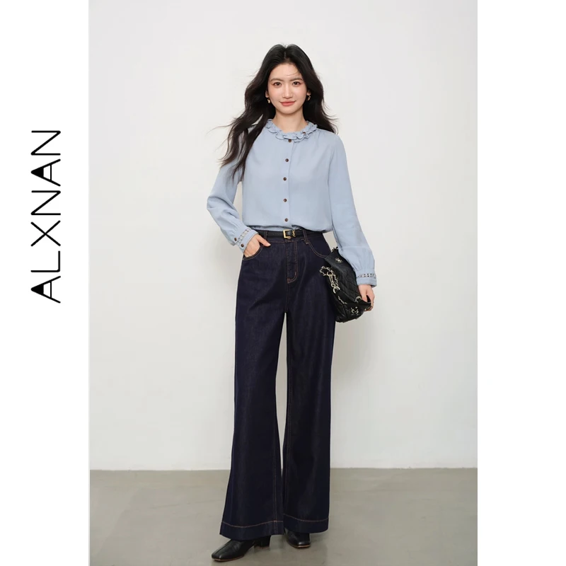 

ALXNAN синяя рубашка с длинным рукавом, женская осенняя рубашка с деревянными ушками, элегантные офисные женские рубашки, повседневная модная свободная женская одежда L569166