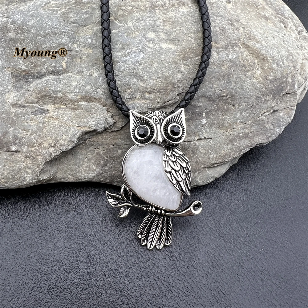 10PCS Wholesale Cute Owl Pendant Natrual Gems Stone Healing Crystal Quartz Amethysts Lapis Lazuli Vintage Hide Rope Necklace