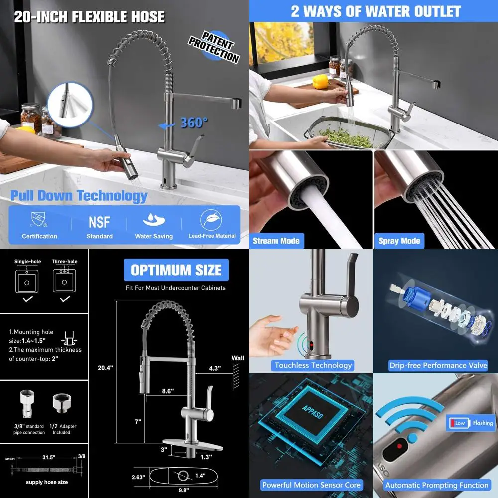 

Motion-Activated Touchless Faucet with Pull-Down Spray, Single-Handle Smart Kitchen Sink Tap in Stainless Brushed Nickel