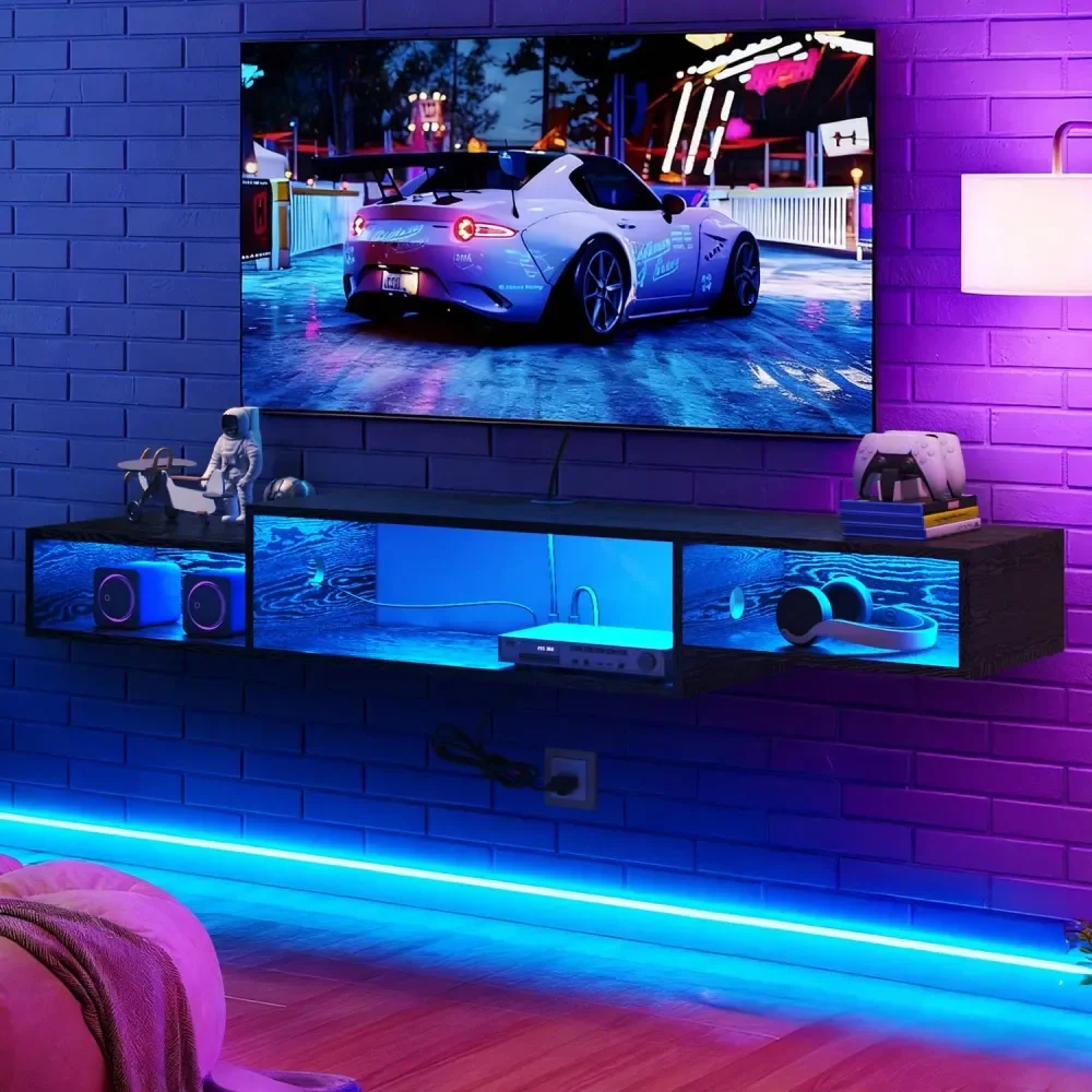 

Floating TV Shelf With LED Lights And Power Outlet, Floating TV Stand With Storage, Floating Entertainment Center Media Console