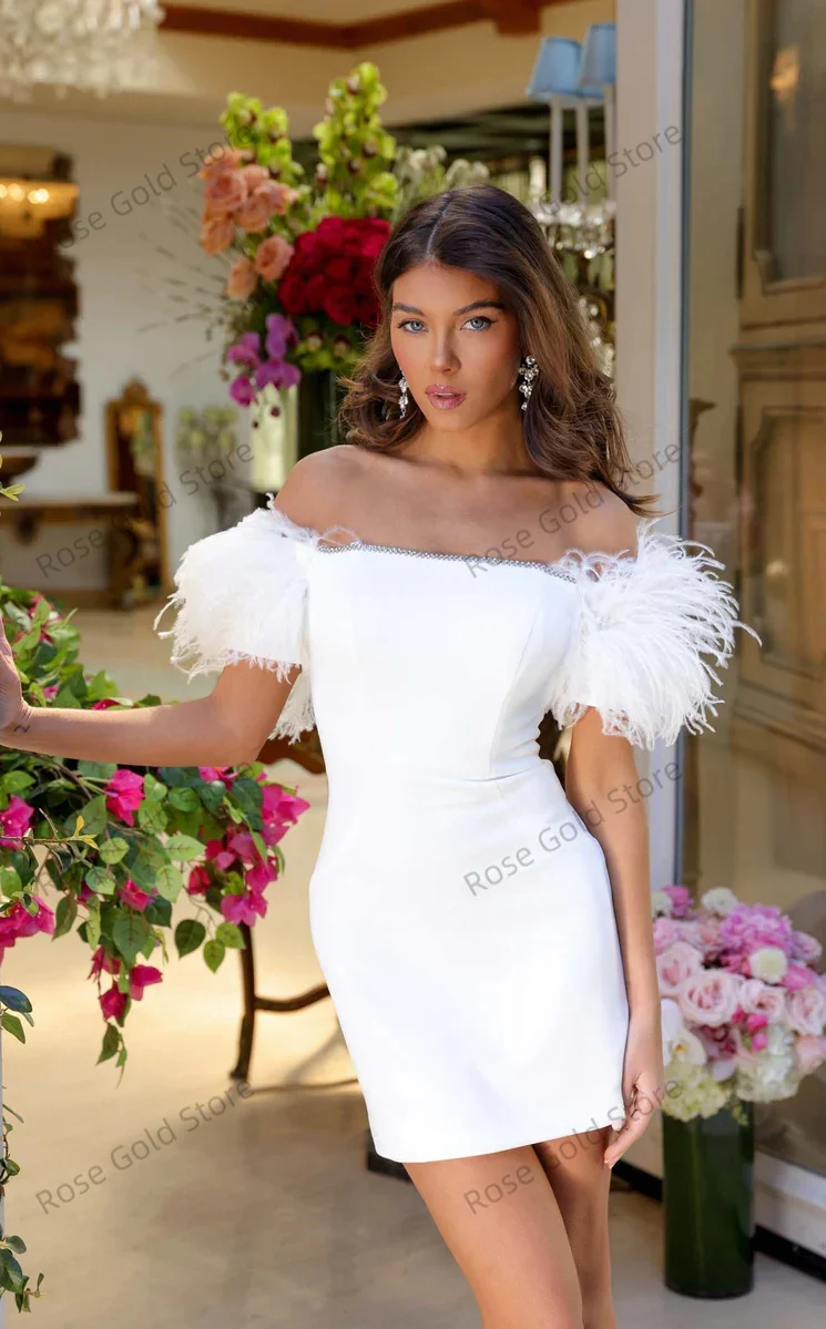 SImple White  Graduation Party Dress Feathers Off Shoulder Robes de Soriee Prom Special Event Customized Vestidos De Gala
