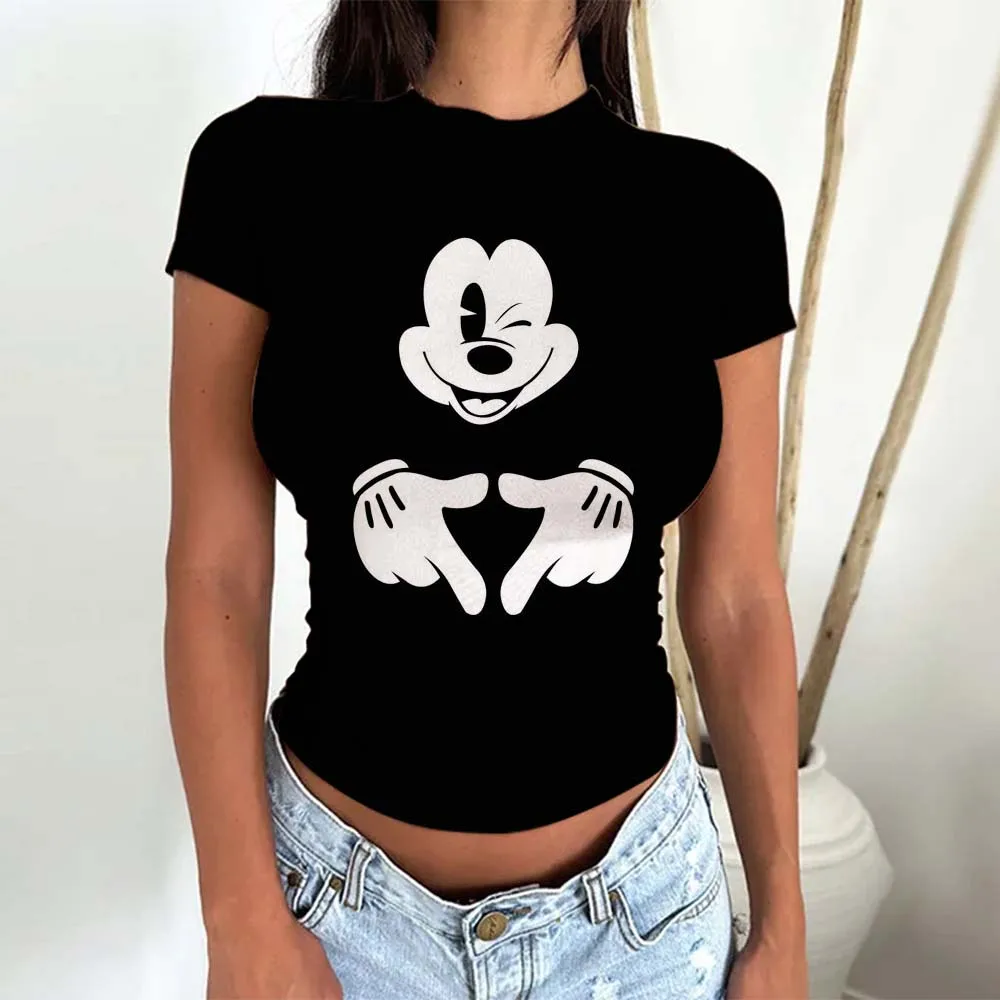 Short Sleeve T-Shirts for Women Disney Mickey Mouse Print Tee Shirt Summer Minnie Slim Fit T-shirt 2000s Clothes Basics Tees ﻿