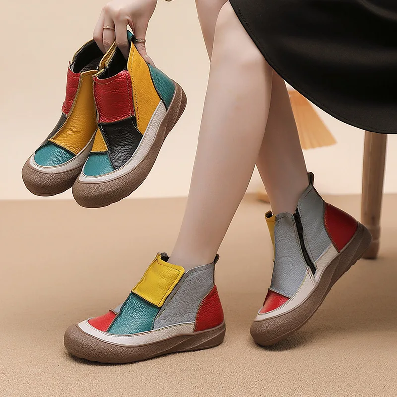 2025 Autumn And Winter Color Blocked Women's Shoes Ankle Short Boots Top Layer Cowhide Shoes Comfortable One Foot Sole Casual