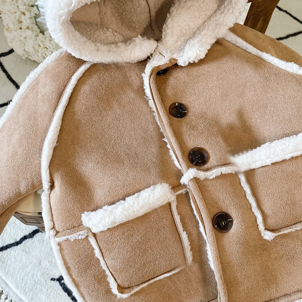 2024 Winter New Children Warm Lamb Fleece Coat Baby Vintage Hooded Jacket Plus Velvet Thick Boys Girls Cotton Padded Jacket