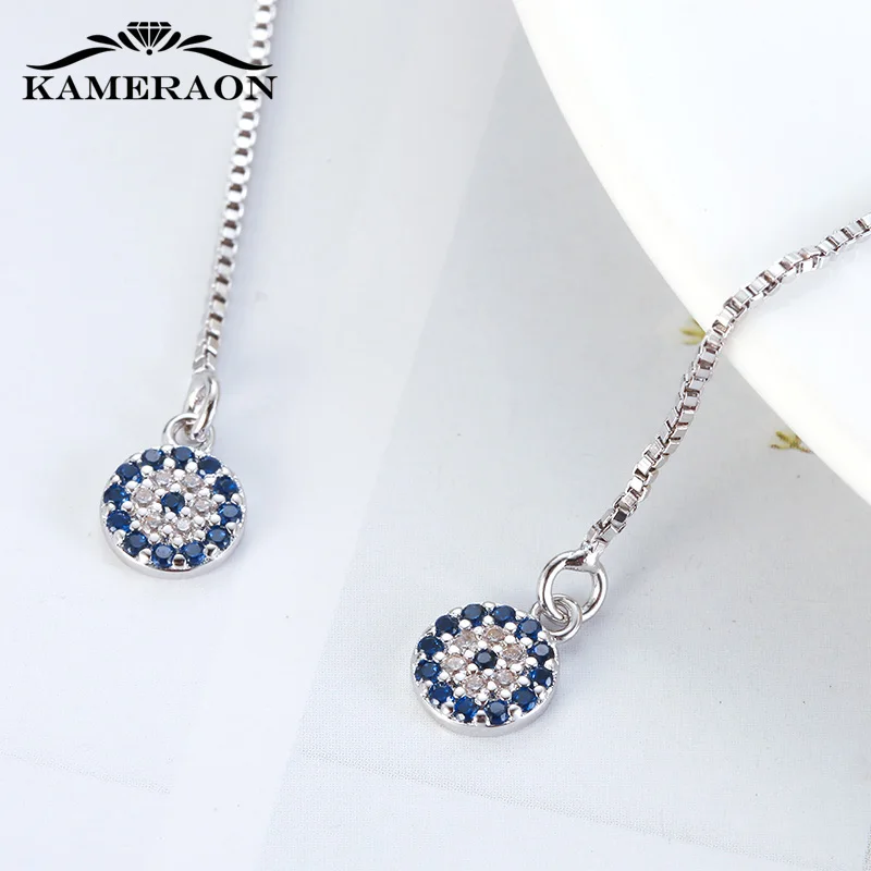 KAMERAON Long Chain Blue Evil Eyes Pendant Earrings 100% 925 Sterling Silver Cubic Zircon Tassel perforation Women Jewelry E0922