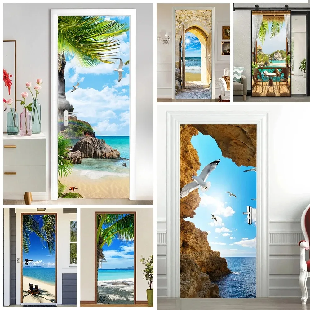 

3D Tropical Beach Cave Door Sticker Palm Tree Seaside Island Ocean Scenery Removable Self Adhesive Wallpaper Home Decor