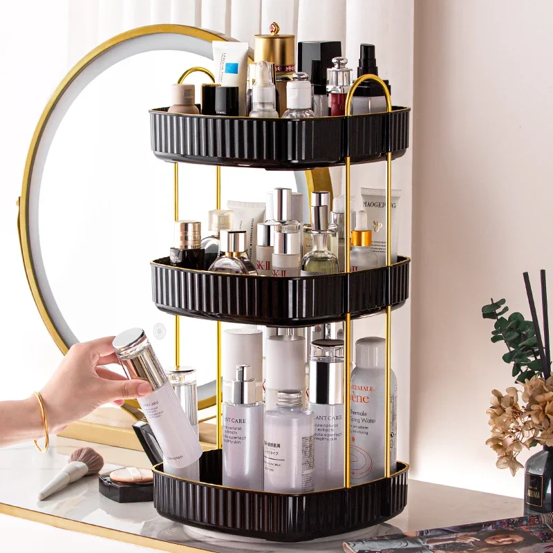 3 Layers Light Luxury Makeup Organizer 360° Rotating Desktop Cosmetic Storage Shelf Bathroom Organizer Skincare Rack