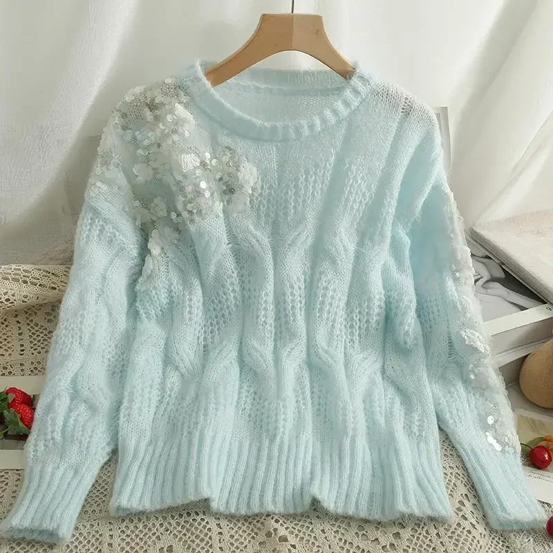 Sweaters For Women 2024 Autumn Sweet Sweater Sueter Korean O Neck Knit Splice Sequins Pink Hollow Twist Sweater Shirts LJ80