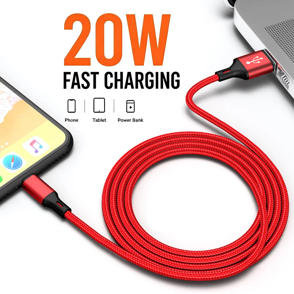 3PCS 20W USB Fast Charging Nylon Braided Cable For iPhone 11 12 13 14 Pro Max X XR XS Max SE Quick Charge USB-A Data Sync Cables