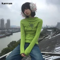 Karrram-Camiseta japonesa Y2k con capucha, estética Grunge, camiseta verde de manga larga, Tops Vintage Harajuku con capucha, ropa de calle de los años 2000