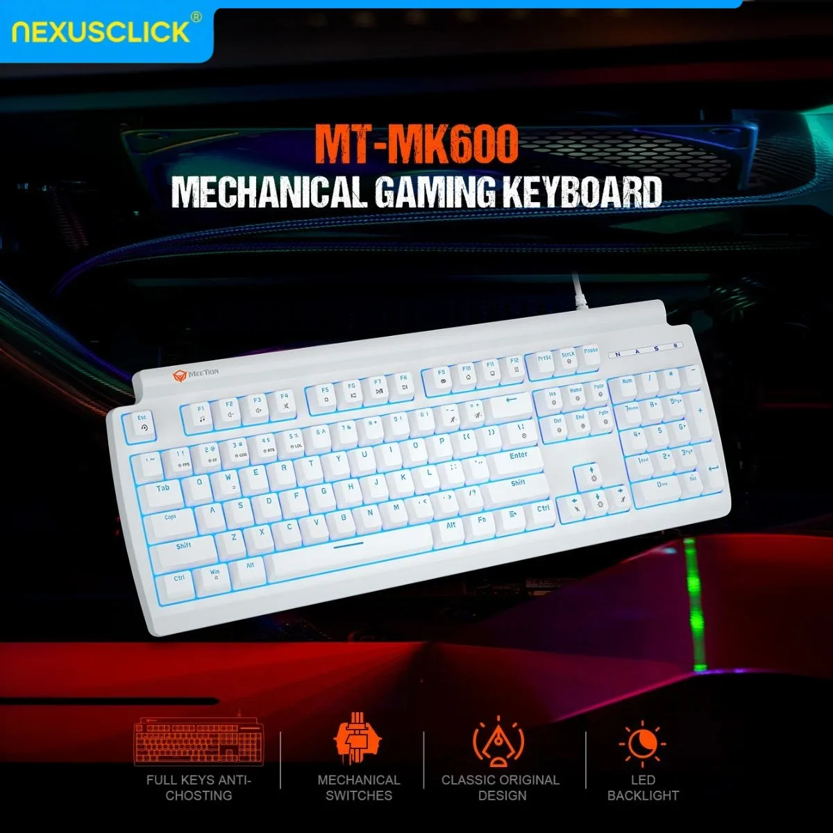 

Механическая игровая клавиатура NexusClick RGB, 104 клавиши, проводная, синие/красные переключатели, защита от одновременного нажатия нескольких клавиш, мультимедийные сочетания клавиш для геймеров и офиса