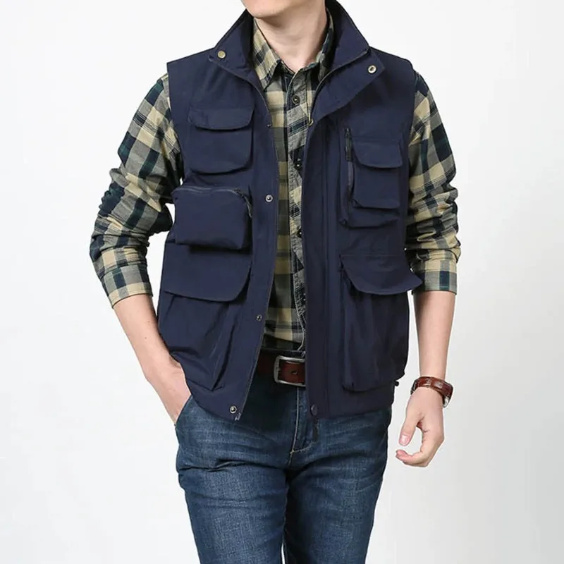 

Men's Fashion Vest Summer Photographer Waistcoat Tactical Webbed Gear Coat Functional Multi Pocket Work Sleeveless Jacket Man