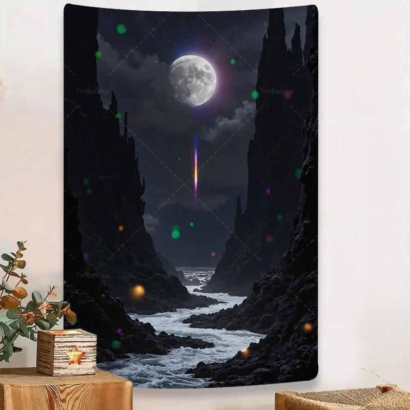 

1pc Wall Tapestry "Mystic Moonlit Canyon Tapestry - Night Sky & River Scene"