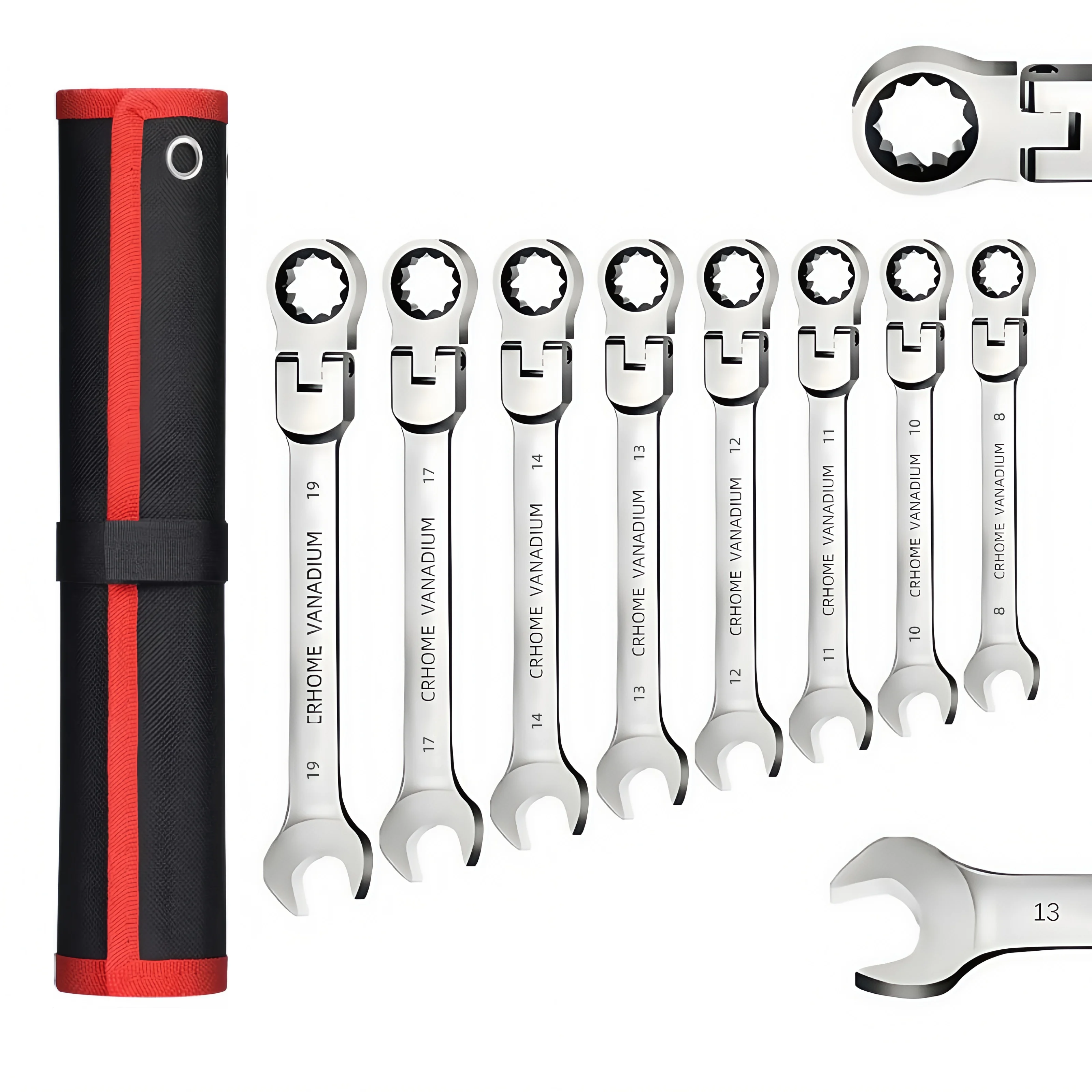 

8-Piece Black and Red Canvas Bag Wrench Set Live Head Ratchet Head 72 Tooth Wrench Set Professional Auto Repair Tools Hardware Tools Repair Tools DIY Essential Wrench Set