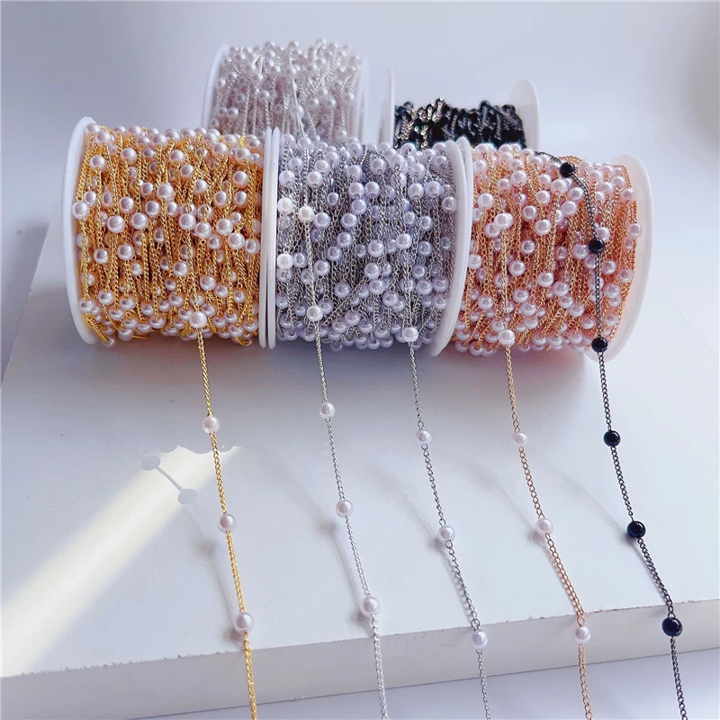 

2meters Copper Metal Open Link Chains Bracelet Necklace Imitation Pearl Beads Chains Bulk Lot for Diy Jewelry Making Accessories