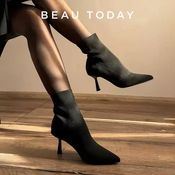 BEAUTODAY รองเท้าส้นสูงโมเดิร์นรองเท้าผู้หญิงผ้า Pointed Toe สีดํา 2023 ฤดูใบไม้ผลิ Retro Elegant LADIES รองเท้า Handmade 03925