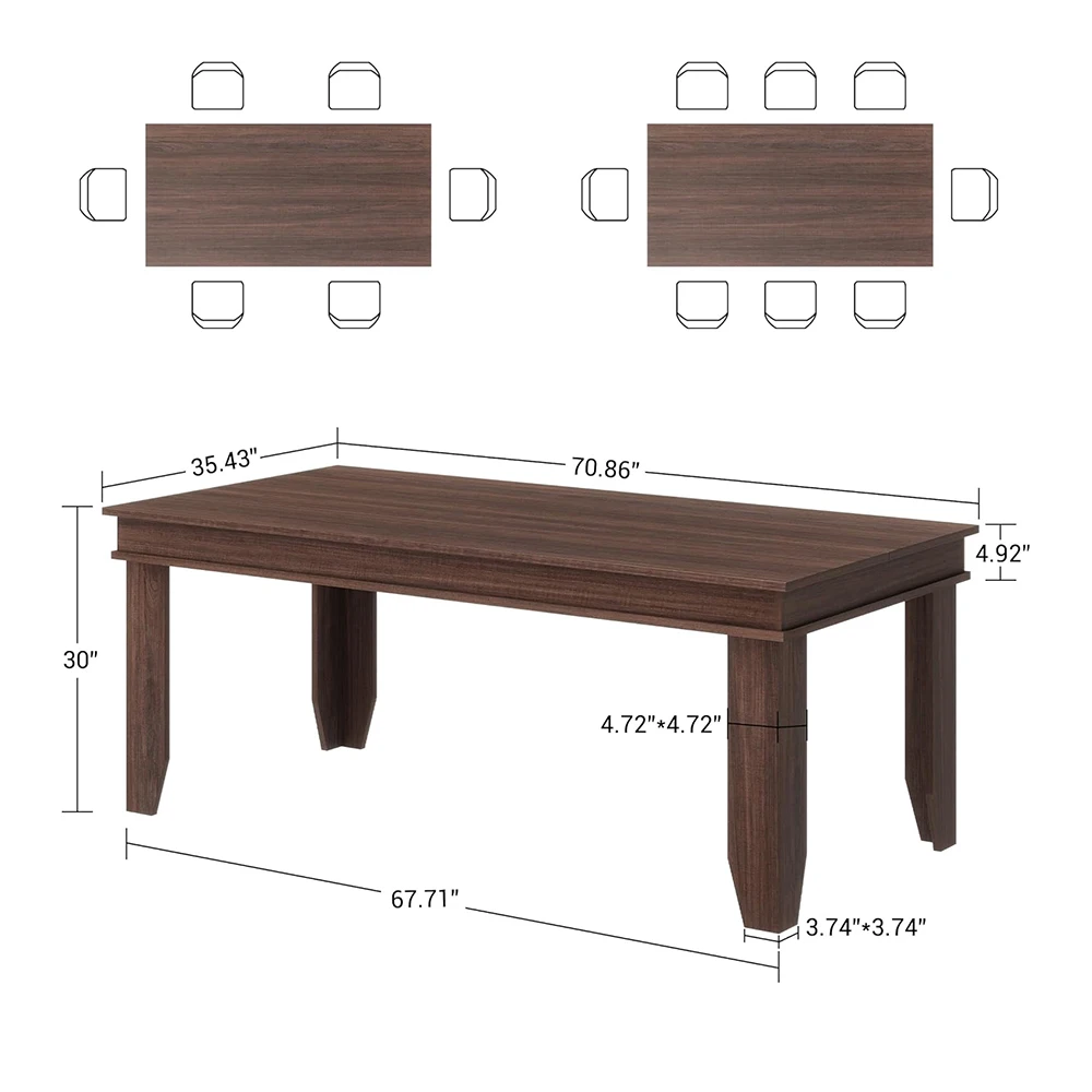 70 Inch Farmhouse Dining Table for 4-6 People, Large Wood Rectangle Kitchen Table, Dinner Table for Kitchen Dining Room