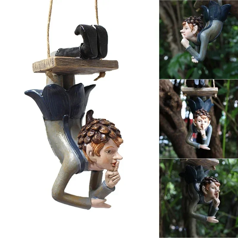 Garden Hanging Cartoon Miniature Swing Elf Ornaments Home Decor Elf Resin Figurine for Patio Fence Yard Tree Holiday