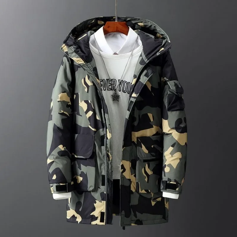 Inverno novos homens jaqueta de comprimento médio pato branco para baixo engrossar quente acolchoado jaqueta masculina moda casual tamanho grande com capuz parkas