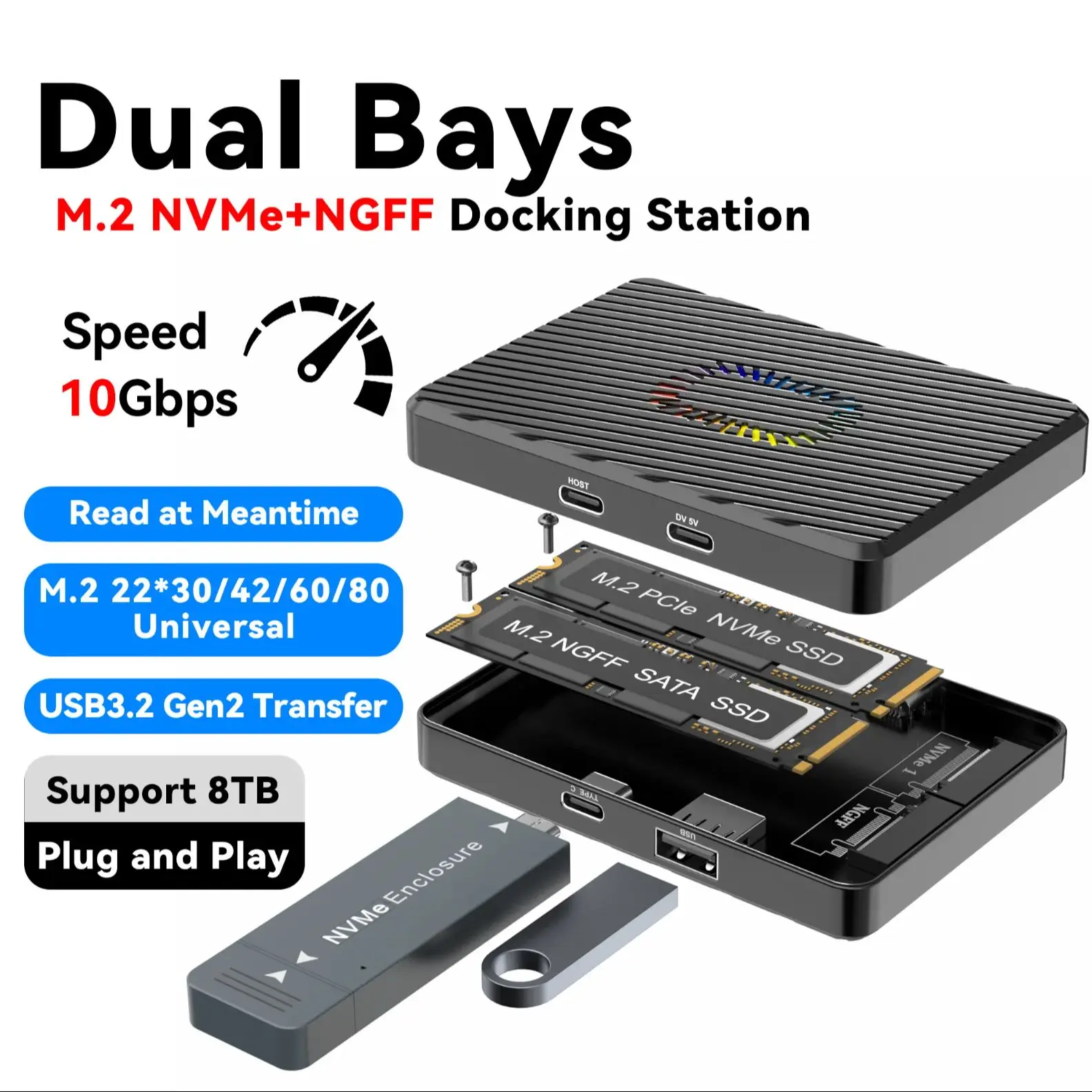 

USB3.2 Dual Bays M.2 NVME SSD Корпус RGB 10 Гбит/с PCIe NVME Док-станция GEN2 Твердотельный адаптер жесткого диска M.2 для ПК