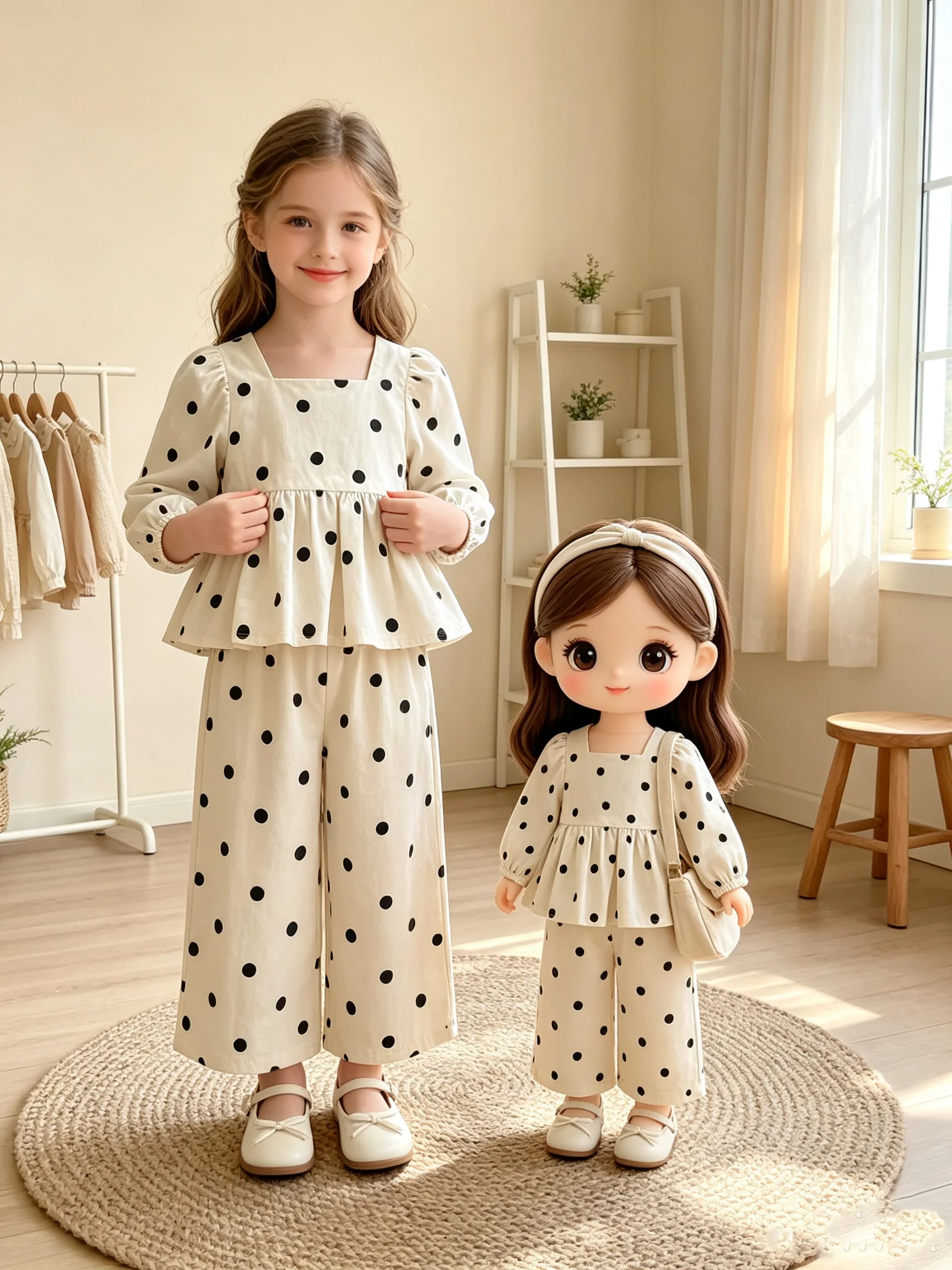 Kinder-Set mit Polka Dots und Langen Ärmeln für den Herbst: Oberteil mit Quadratischem Kragen, Rock mit Elastischem Bund & Lange Hose – Detail 3