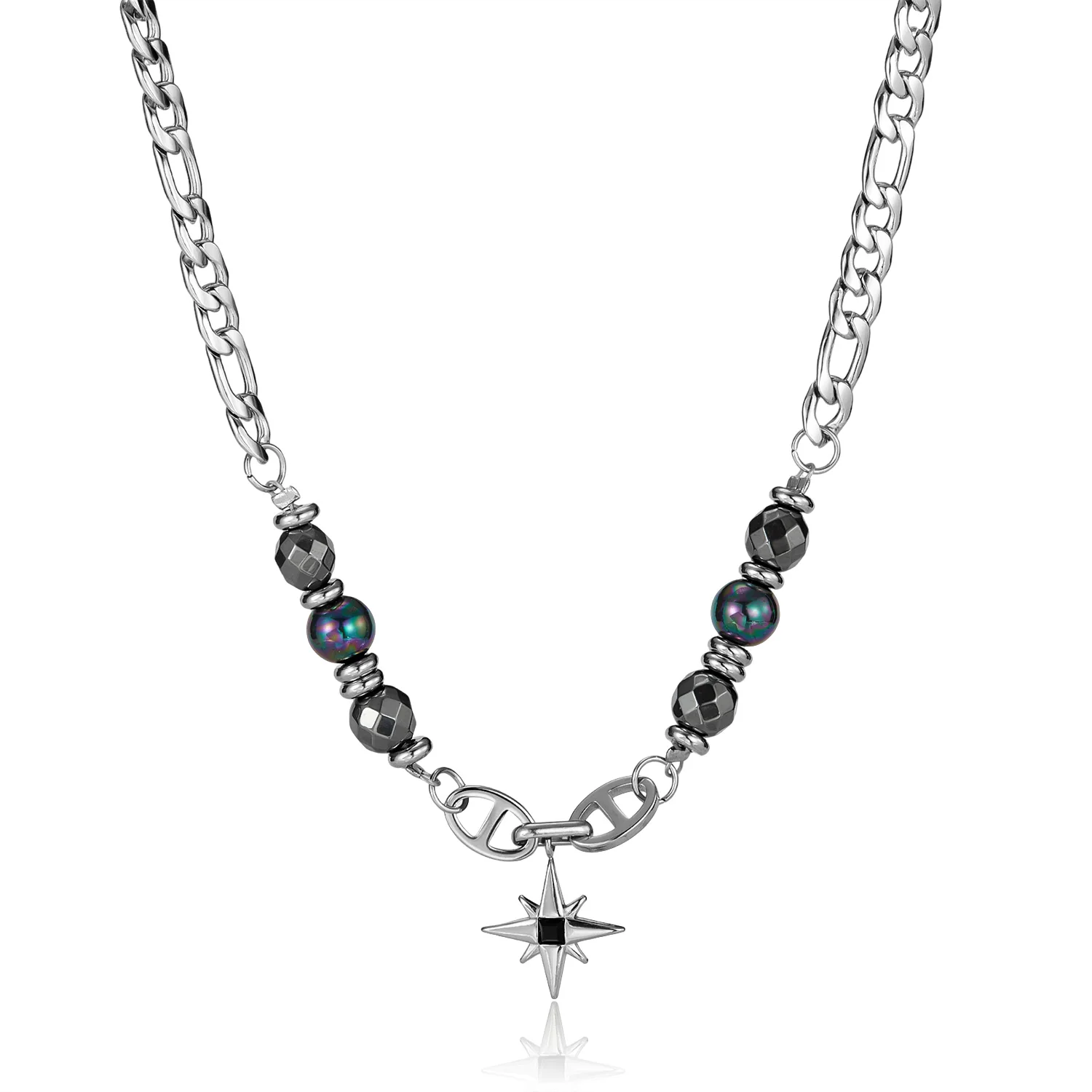 

Unisex Cross Pendant Necklace – Stainless Steel with Volcanic Stone & Pearl Beads, Hip Hop Street Style