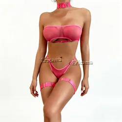 New Style 3-Piece Cut Out Bow Lingerie Set Satin Cute Erotic Set Solid Brief Underwear Set NightwearPron Sexy Lingerie Underwear