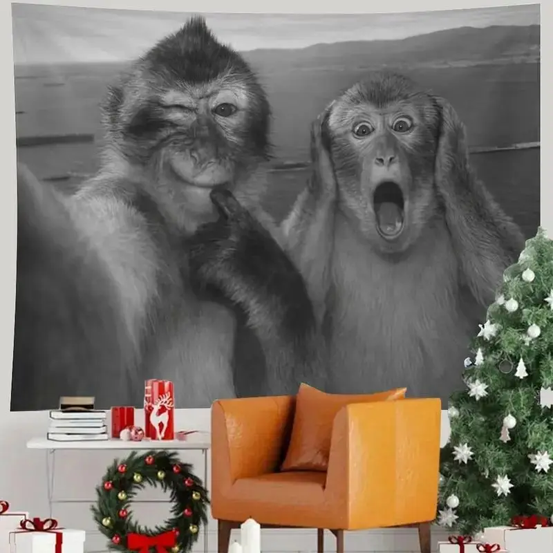 VIKAMA Funny Selfie Monkeys Black White Decorative Wall Tapestry Home Art Room Decor Bedroom Dorm College Humor Soft Durable