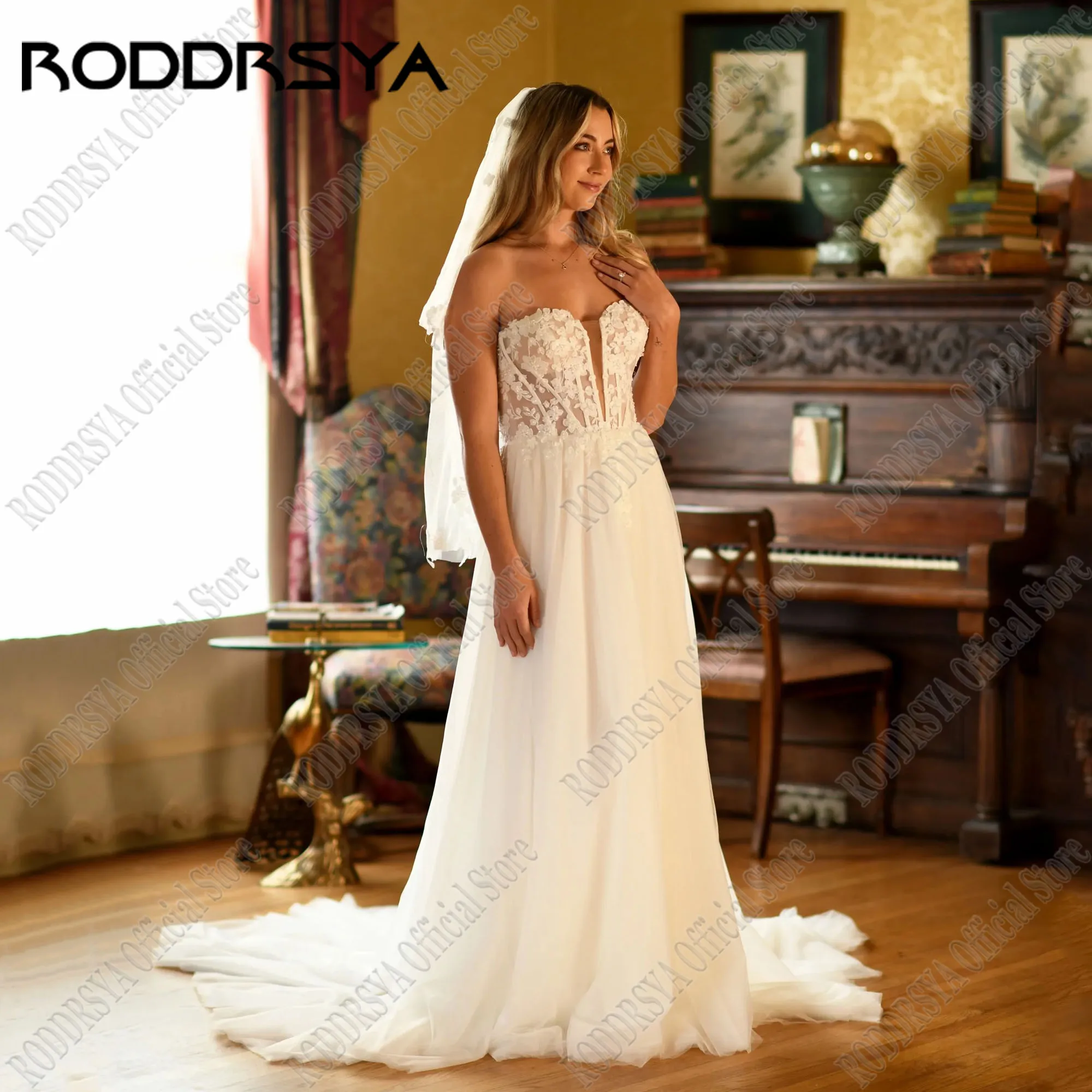 RODDRSYA Praia Strapless Lace Casamento Dess Destacável Manga A linha Applique Vestidos de Noiva vestidos de novia boda PersonalizadoRODDRSYA Beach Strapless Lace Wedding Dess Manga desmontável Uma linha Vestidos de no