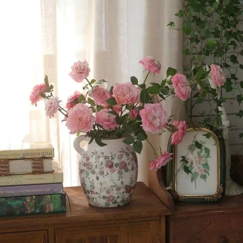 French-style vintage ceramic vase with ice crackle pattern, distressed double-handled vase for hydroponic flower arrangements an