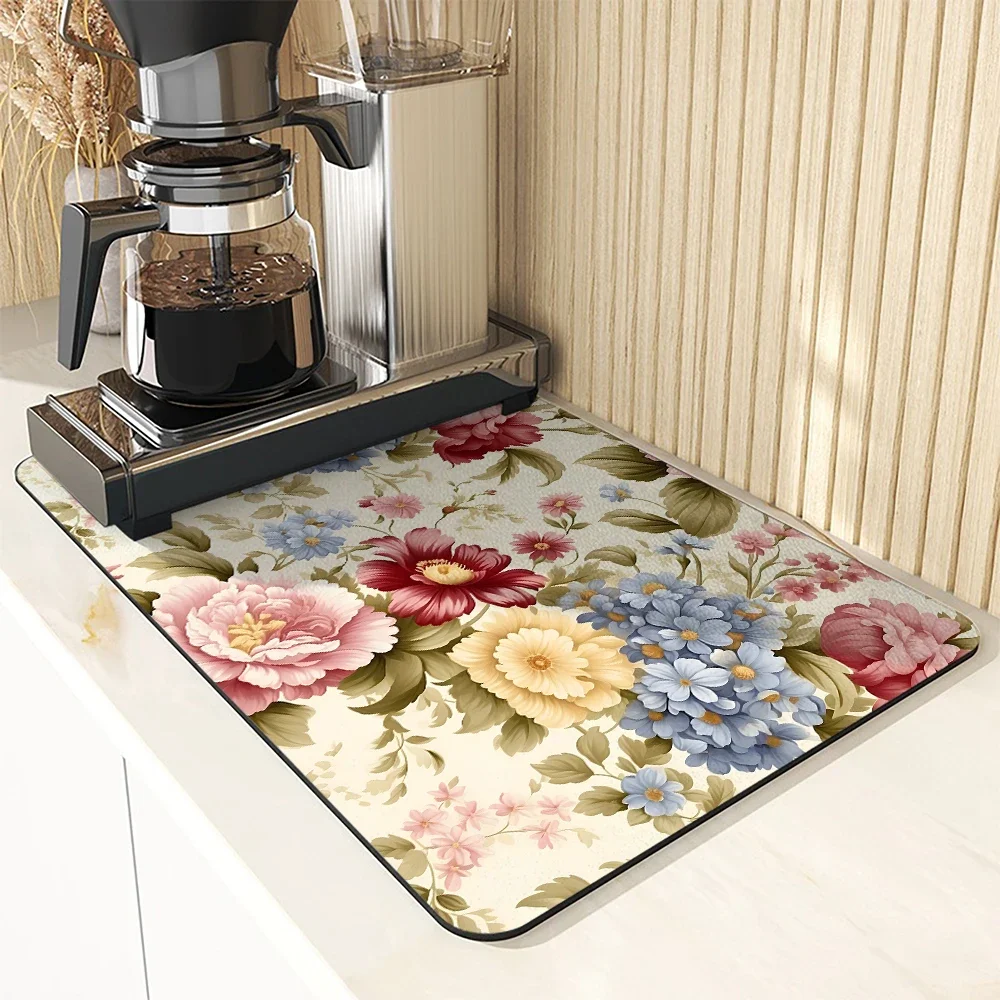 Coffee Mat Plants And Flowers Absorbent Draining Dish Drying Mat Dry Bathroom Tableware Hide Stain Rubber Backed