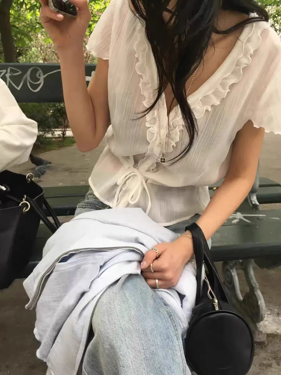 

Korean Style Short Sleeve Doll Shirt Women's Drawstring Top Summer 2026 Dongdaemun Fashion Slimming V-Neck Casual Shirt