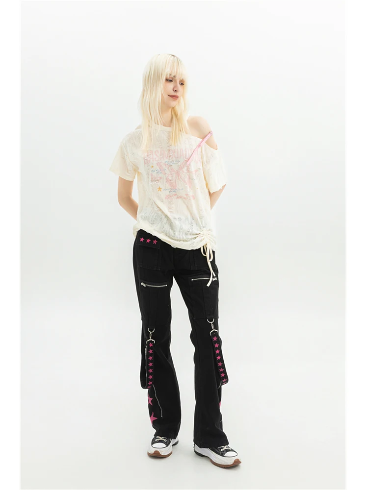 Damen Schwarz Gothic Baggy Cargo Jeans Harajuku Vintage Y2k Denim Hose Cowboy Hose 90er Jahre Ästhetisch Trashy Emo 2000er Jahre Kleidung Neu