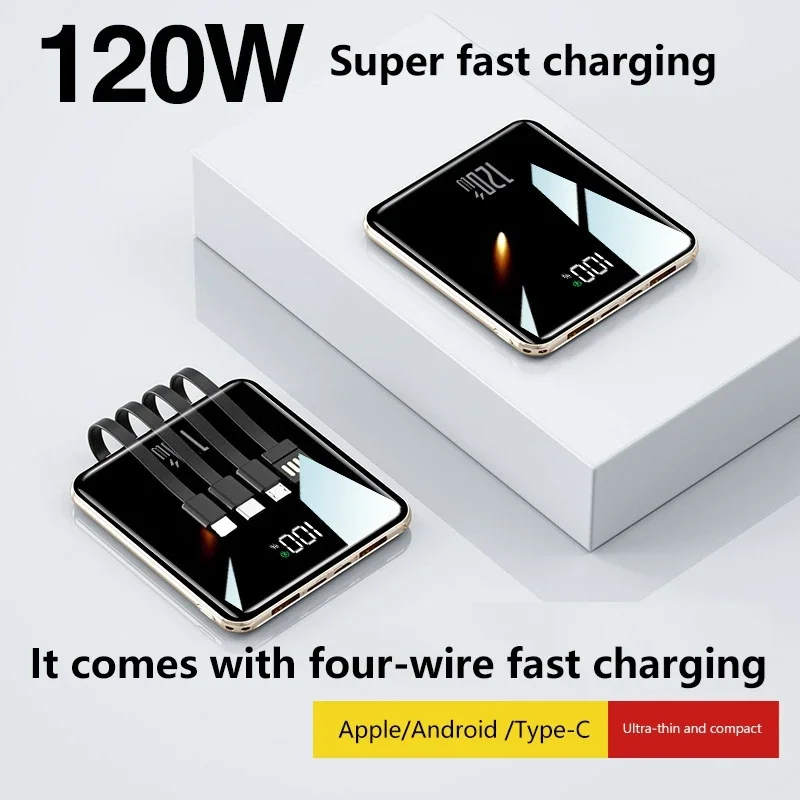 

Миниатюрный ультратонкий мобильный внешний аккумулятор Lenovo 50000 мАч со встроенными 4 кабелями, большой емкостью и сверхбыстрой зарядкой, подходит для iPhone.