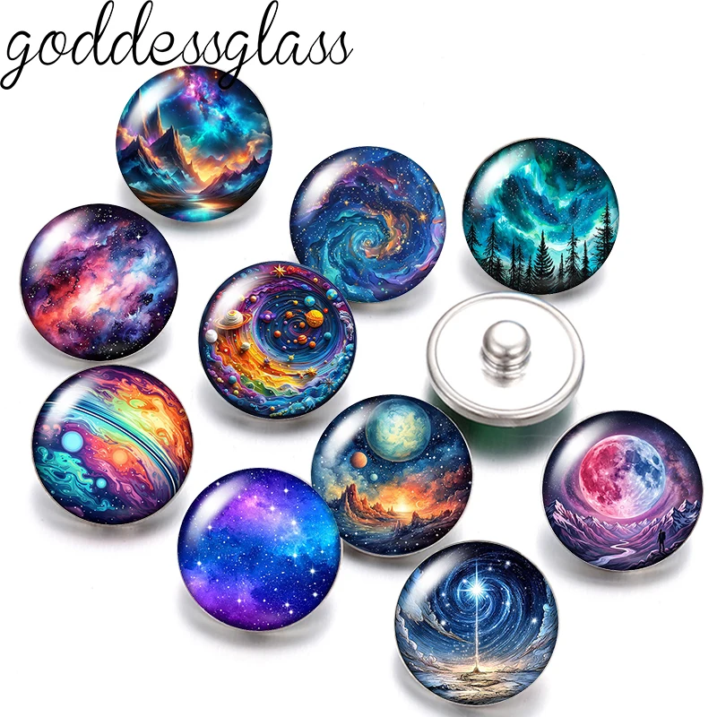 Starry sky night Aurora scenery 10pcs 12mm/18mm/20mm/25mm Round photo glass cabochon flat back Making findings DIY snap buttons