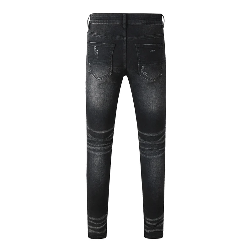 Designer fashion new men's jeans washed and worn, stretchy slim fit black jeans designer hip-hop brand pants Y2K
