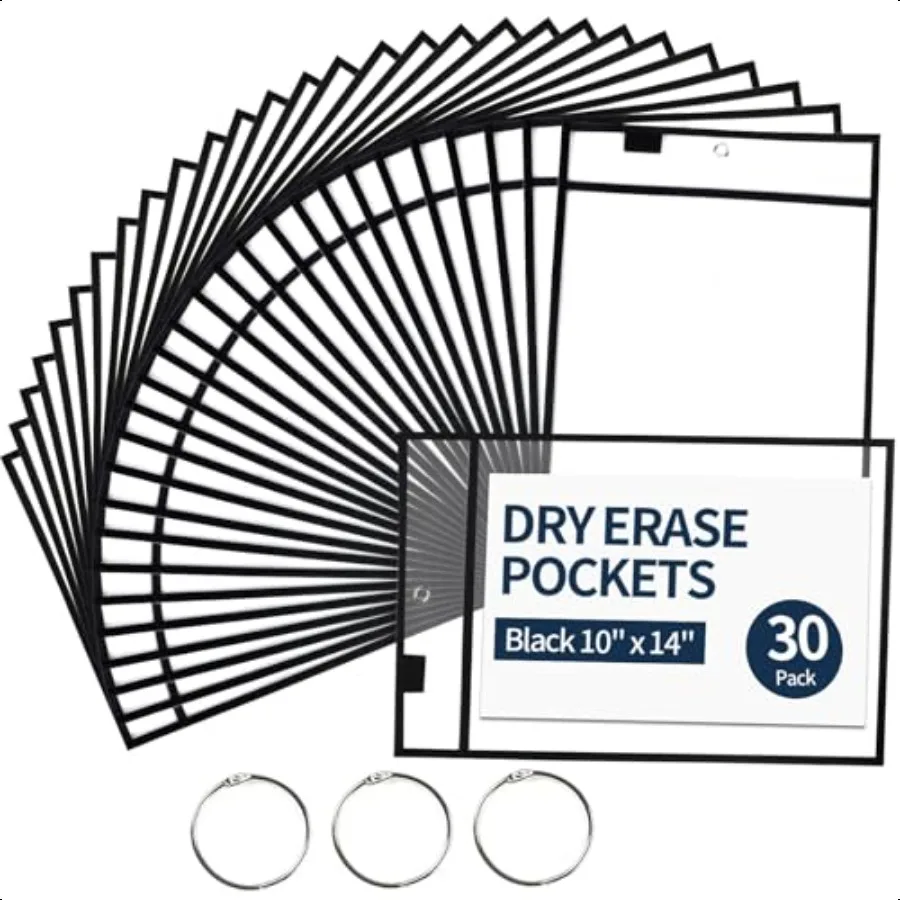 

Job Ticket Holders 30 Pcs Dry Erase Pockets Black 10 13 Reusable Plastic Sleeves for Teacher Classroom