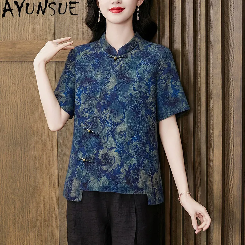 AYUNSUE 100% Real Mulberry Silk Womens Tops Short Sleeved Xiangyunsha Vintage Blouse Women Summer Women Clothing 2026 Ropa Mujer