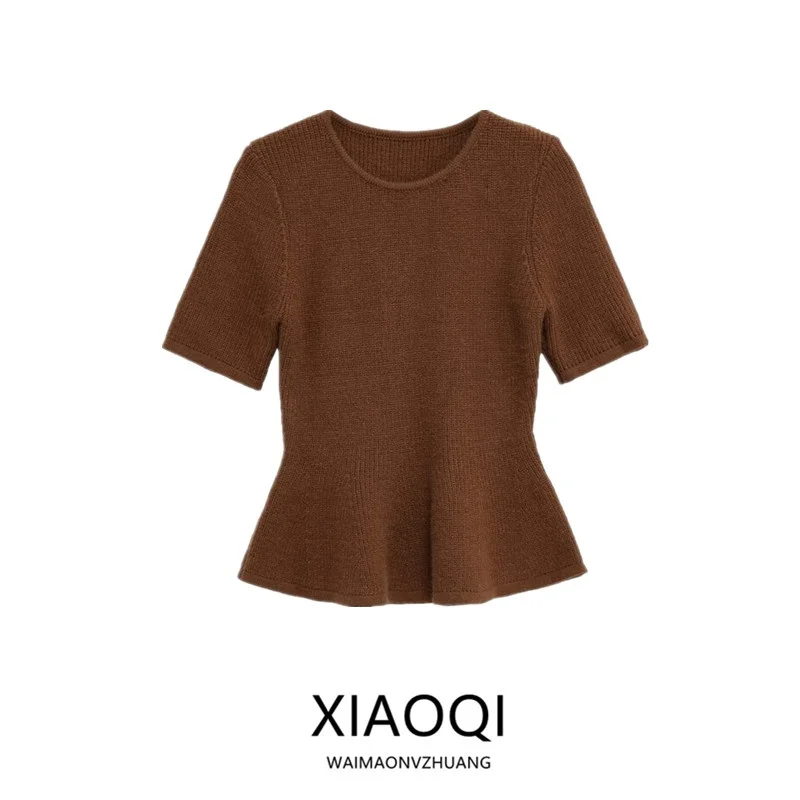 

Women's Knitted round Ne Decorative Hem Ribbon T-irt Autumn 2025 New Sle Versatile Faionable European Sle Top