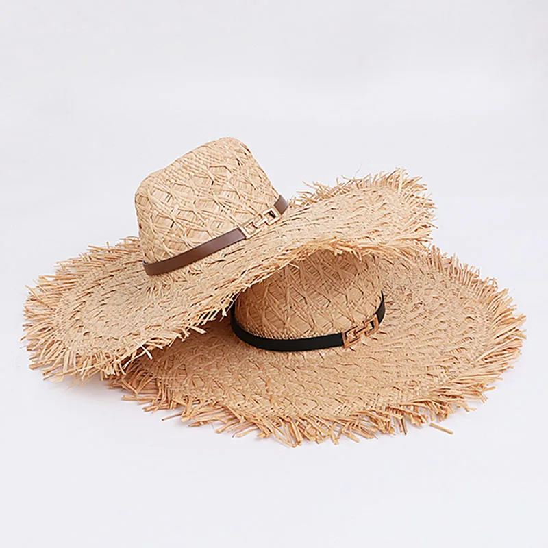 Women Wide Brim Straw Hat Fringed Floppy Big Brim Panama Hat Leather Band Beach Sun Hat UPF 50+ Summer Hat Stage Show Travel Hat