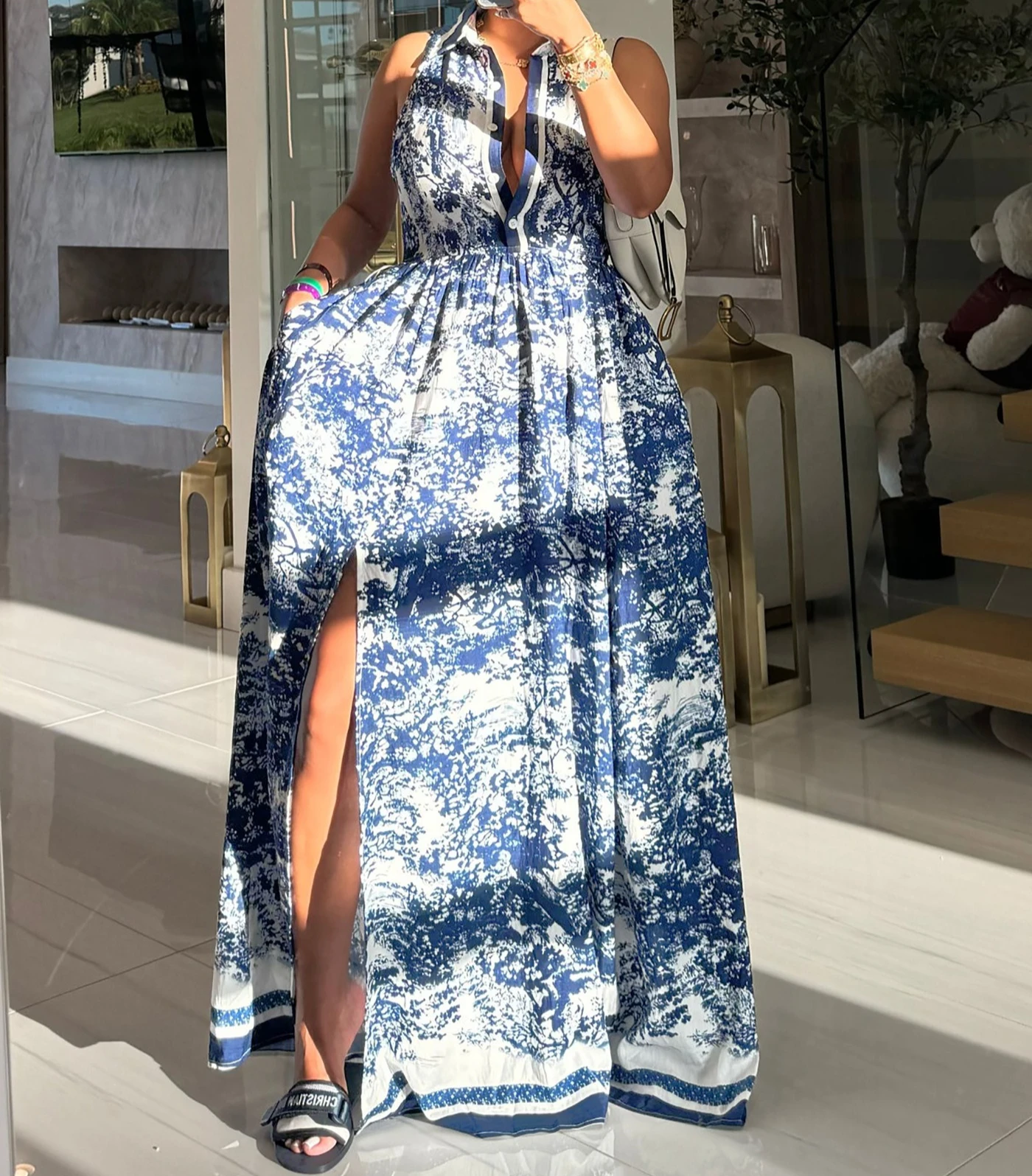 

Long Dress Women Dresses Print Floral A Line Vestidos Streetwear Turn Down Collar Sleeveless Elegant Splice Y2k High Waist Work