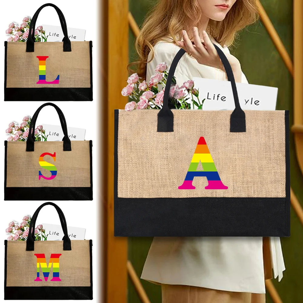 Simple Handle Shopping Bag Linen Ribbon Large Capacity Gift Shopping Bag Rainbow Series Daily Outing Commuting Bag