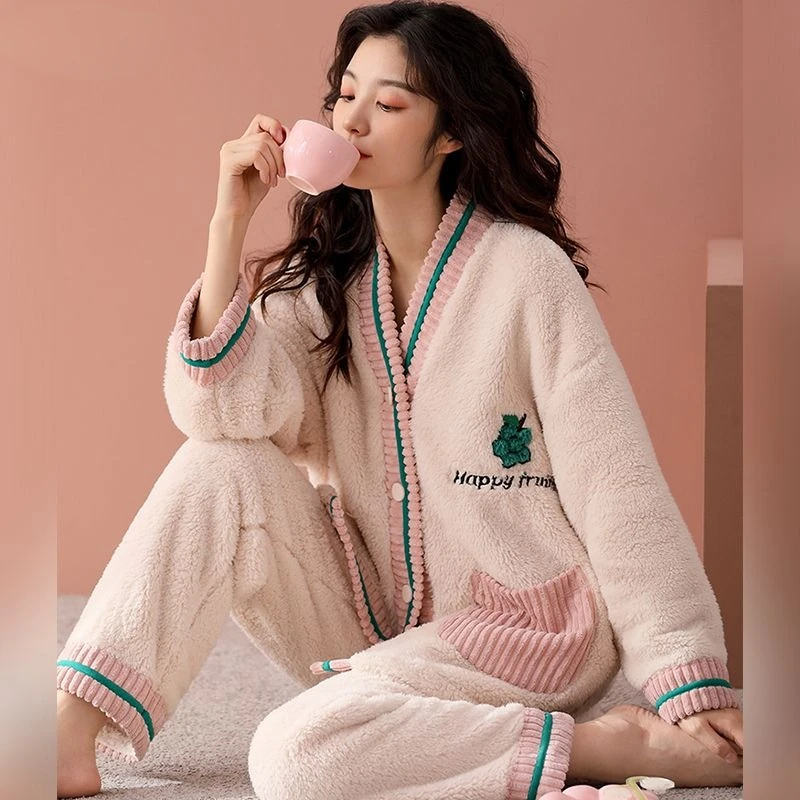 2023 New Coral Velvet Pajamas Women Autumn Winter Thickening Plus Loungewear Velvet Loose Sweet Cardigan Homewear Velvet Suit